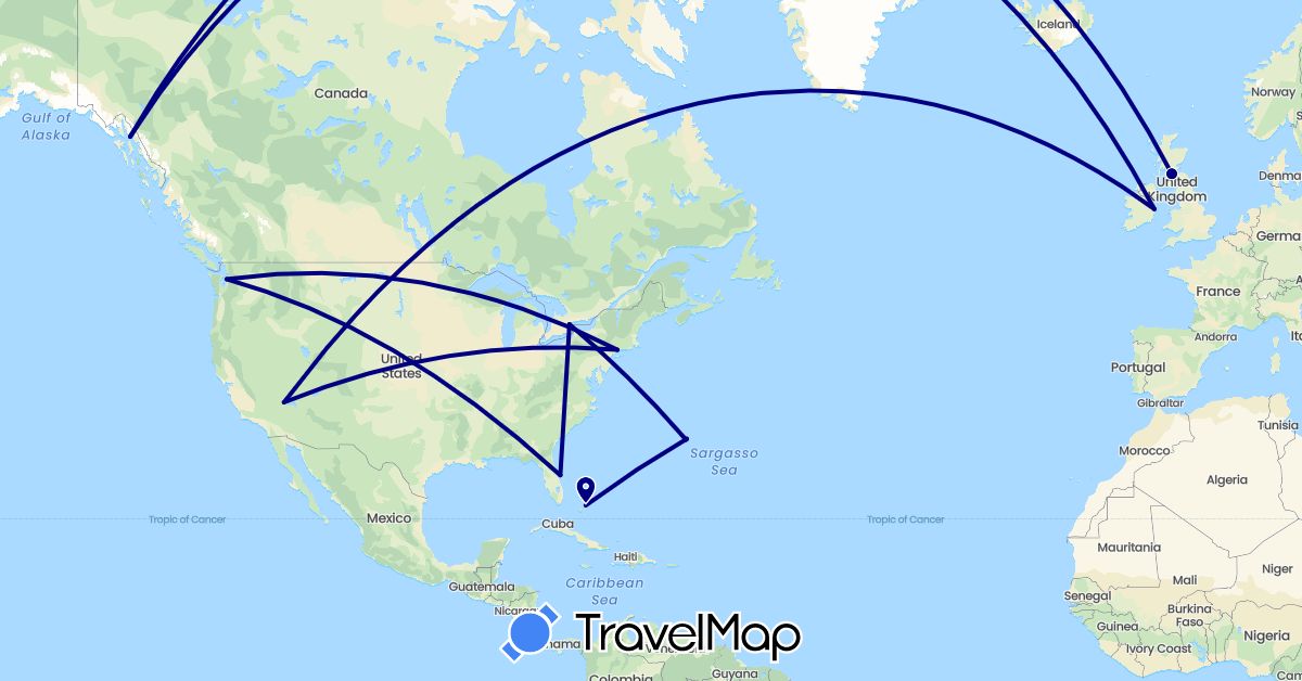 TravelMap itinerary: driving in Bermuda, Bahamas, Canada, United Kingdom, Ireland, United States (Europe, North America)